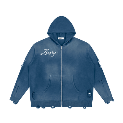 Unisex Distressed Full Zip Sweater