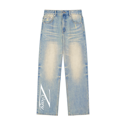Sun Fade Raw Hem Denim Jeans